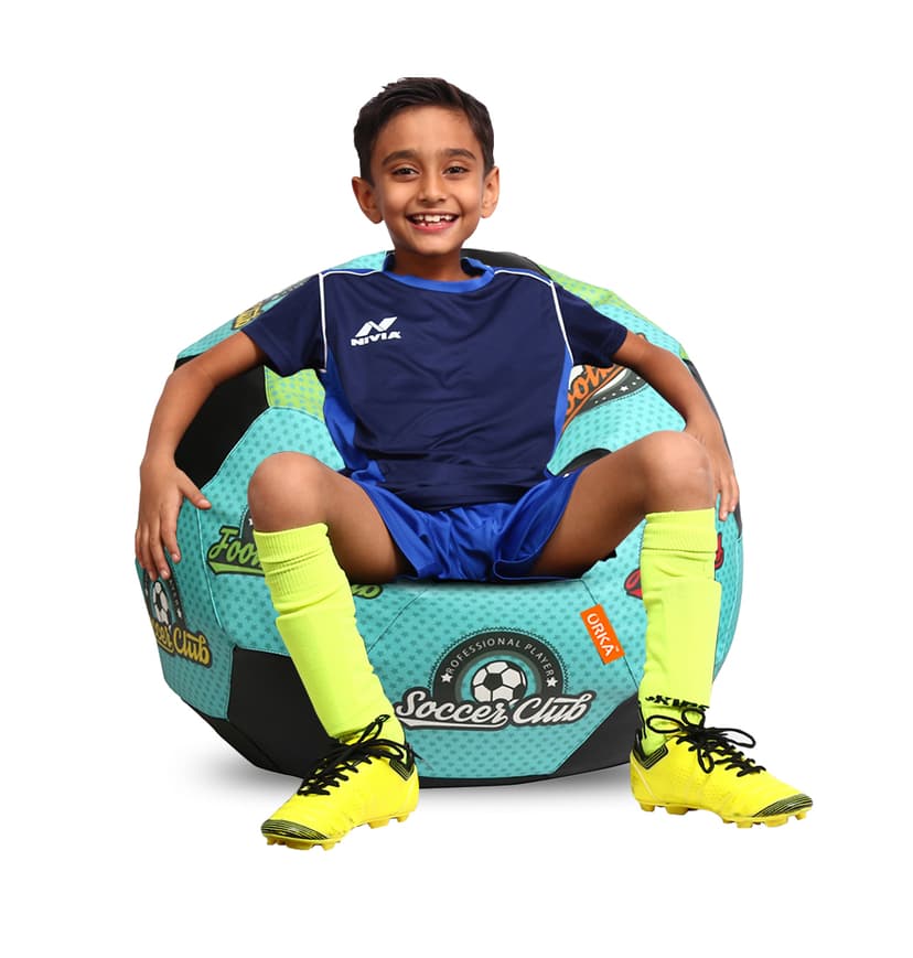 Orka Digital Printed Kids Foorball With Mathching Footstool Filled Bean Bag With Beans (FB08 Teal,Black)